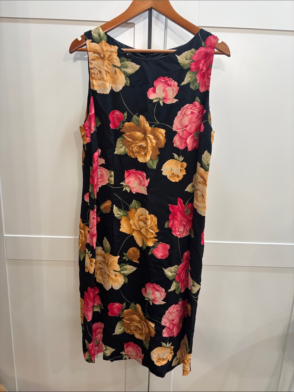 Floral Sleeveless Shift Dress in Black with Pink & Gold Blooms